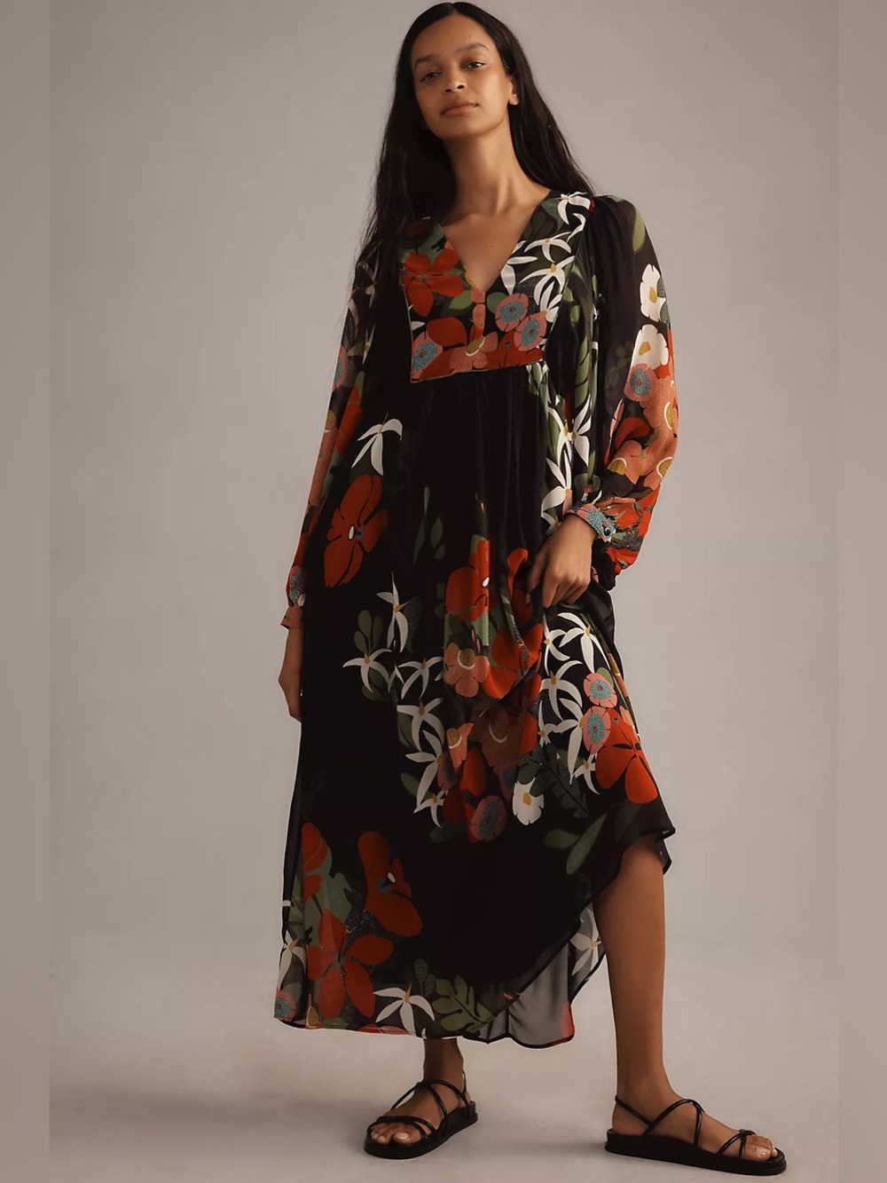 Farm Rio x Anthropologie Long-Sleeve V-Neck Floral Maxi Dress